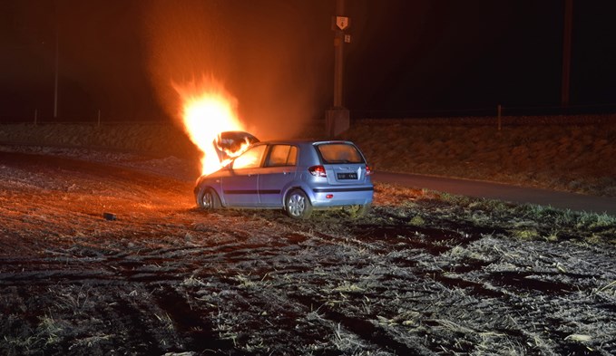 Das Fahrzeug kam nach der wilden Irrfahrt auf einem Acker zu stehen und fing daraufhin Feuer. (Foto Luzerner Polizei)